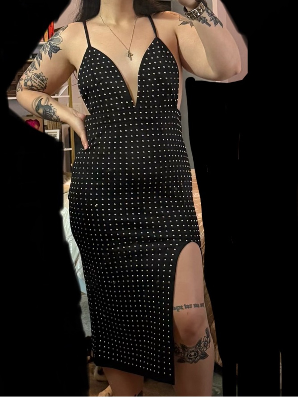 Club L London Black and White BodyConDress Plunge Neckline Sleeveless